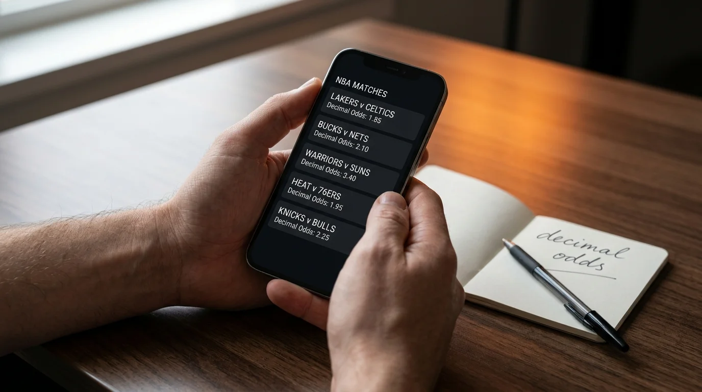 British punter reading decimal NBA odds on a smartphone screen at a wooden desk