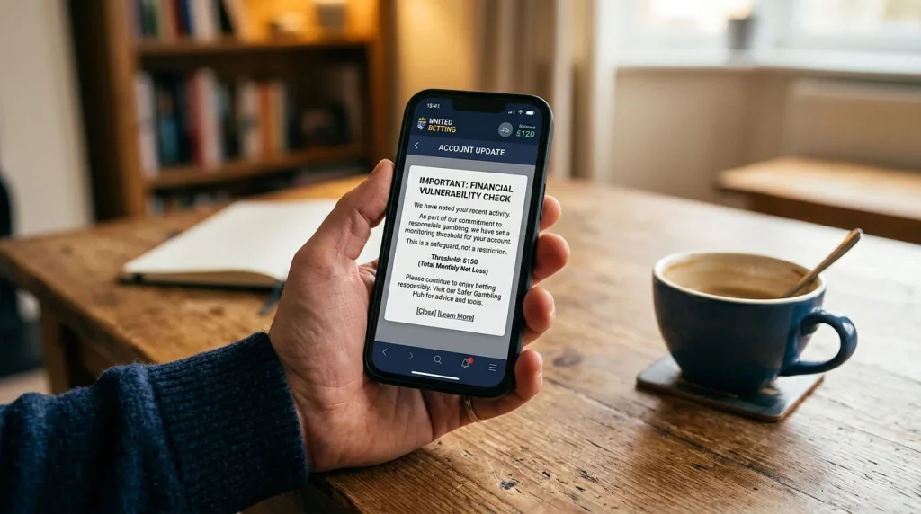 UK bookmaker financial vulnerability check threshold notice on betting account