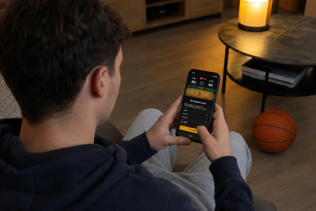 Young UK punter on mobile betting app with NBA scoreboard and limit controls