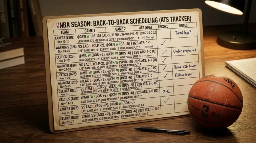 NBA scheduling board marked with back-to-back fixtures and ATS records