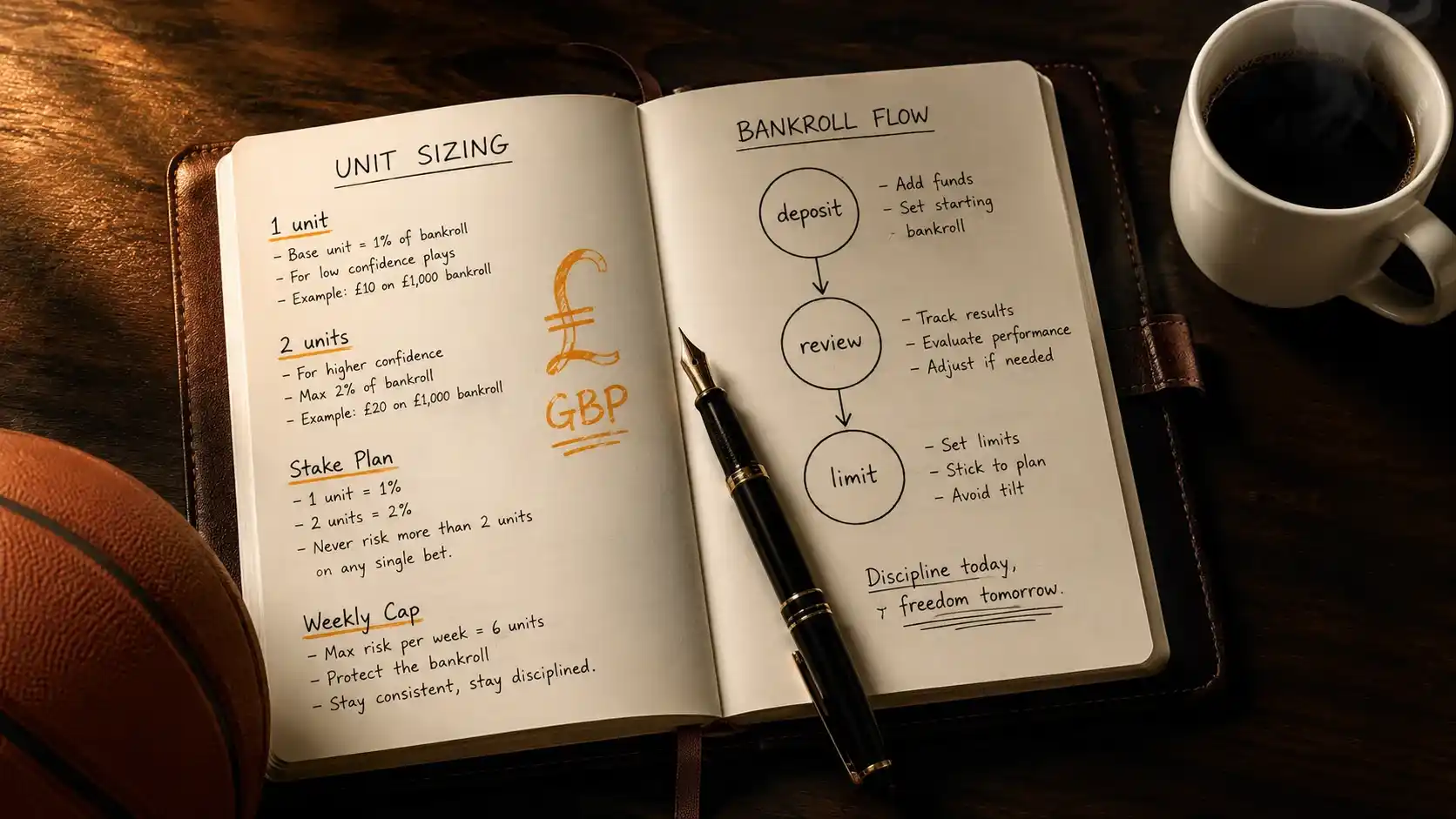 Handwritten betting journal showing NBA unit sizing notes and the symbol GBP next to a coffee cup
