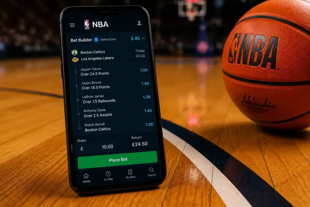 NBA bet builder slip on a UK bookmaker app with multiple props selected