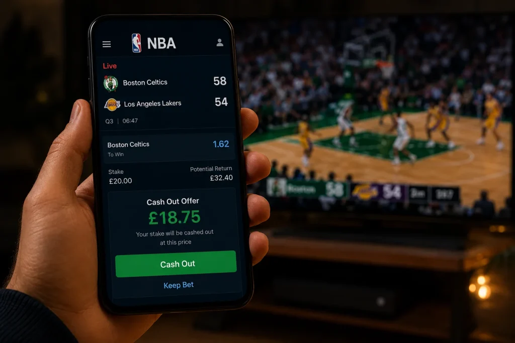 NBA cash out offer screen on a UK mobile betting app showing live odds