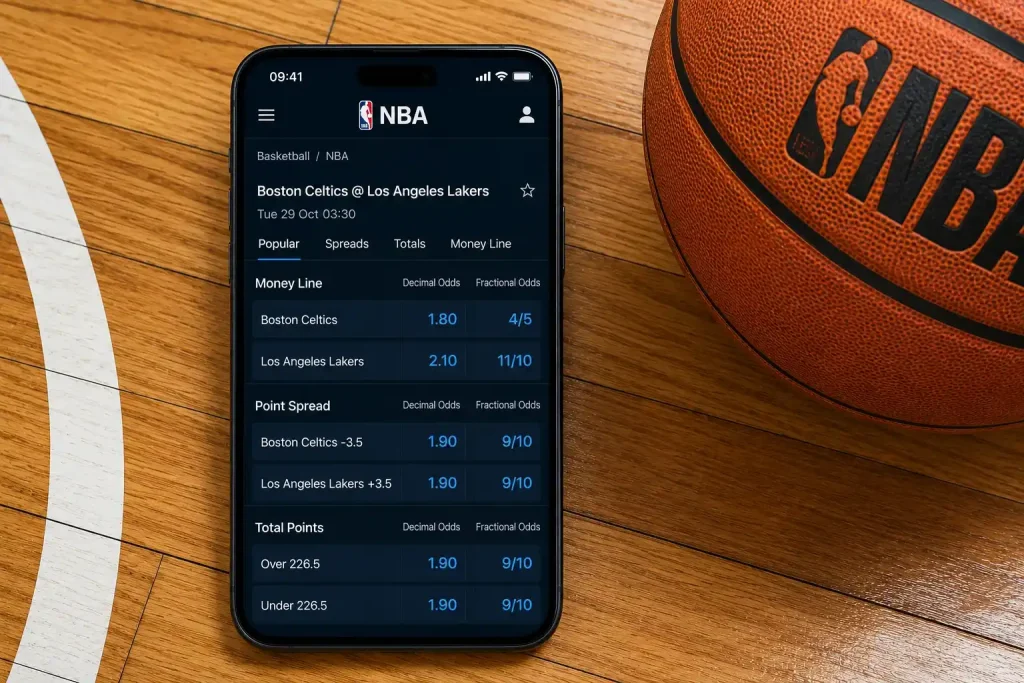 Decimal and fractional NBA odds shown side by side on a UK bookmaker app