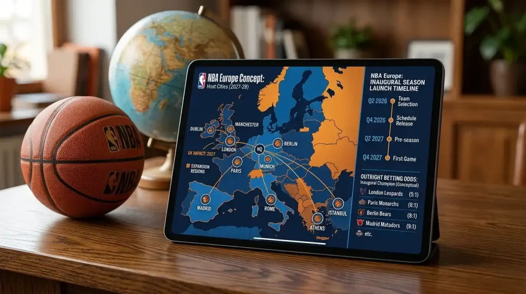 NBA Europe league concept with city candidate arenas and 2027 launch timeline