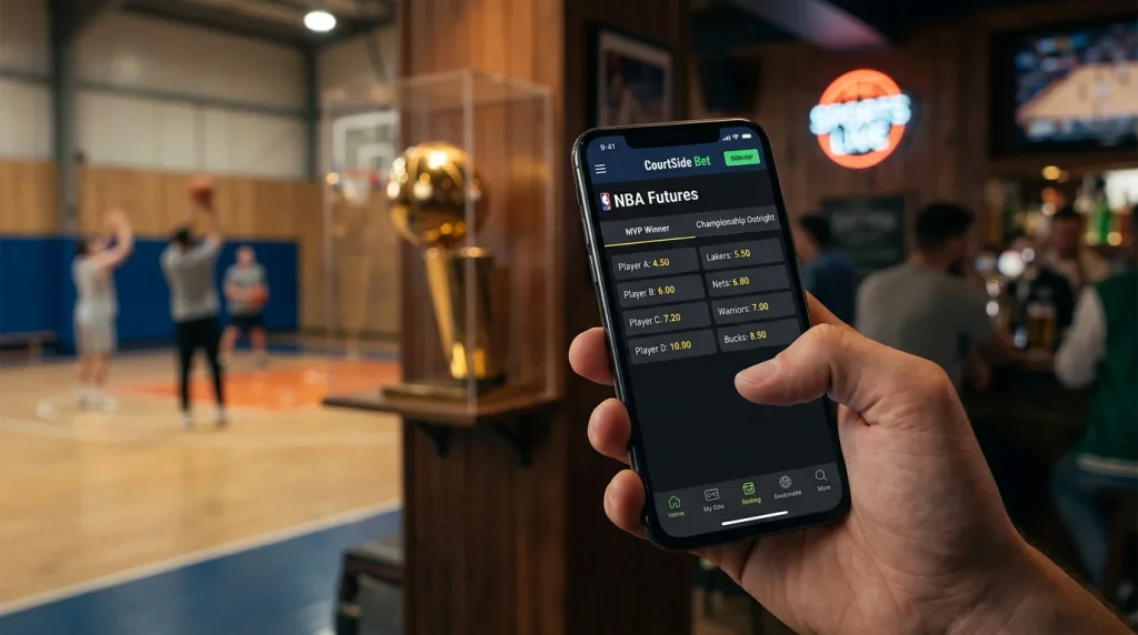 NBA futures betting screen showing MVP and championship markets with long odds