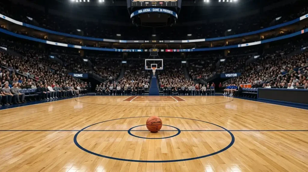 NBA home arena floor with home win rate dropping chart overlay 1983 to 2025