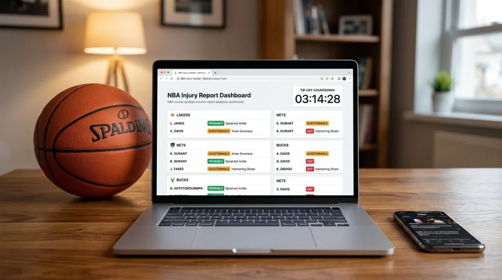 NBA injury report dashboard with status tags and clock countdown to tip-off