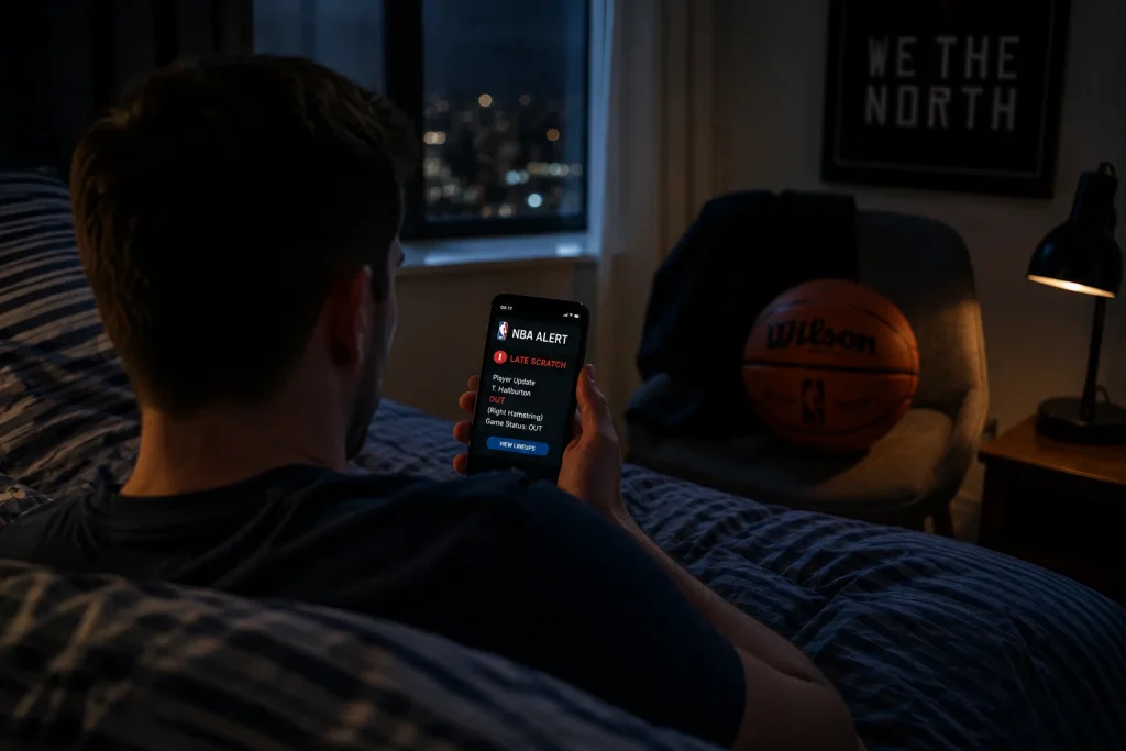 UK bettor monitoring NBA late scratch alerts at midnight on mobile