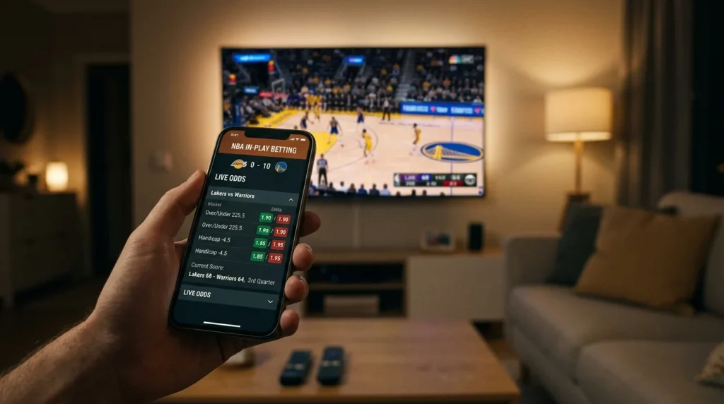 NBA live in-play betting screen with real-time odds and a delayed broadcast feed
