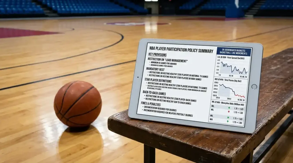 NBA player participation policy summary with UK book line movement chart