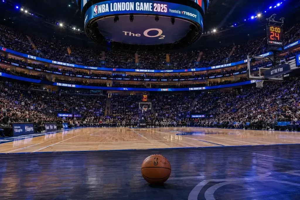 O2 Arena London with NBA London Game 2026 court setup and crowd