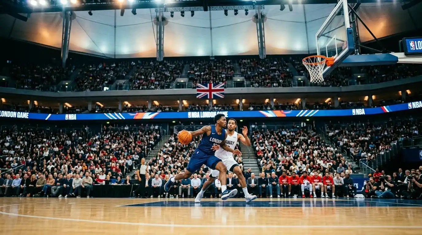 Interior of the O2 Arena in London during an NBA regular-season game with full crowd