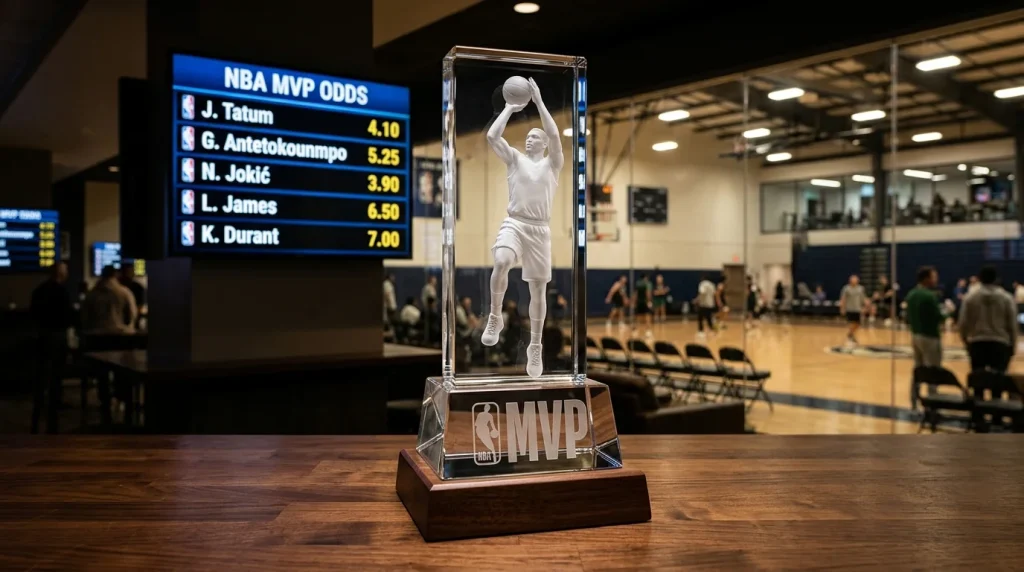 NBA MVP trophy with sportsbook odds board behind