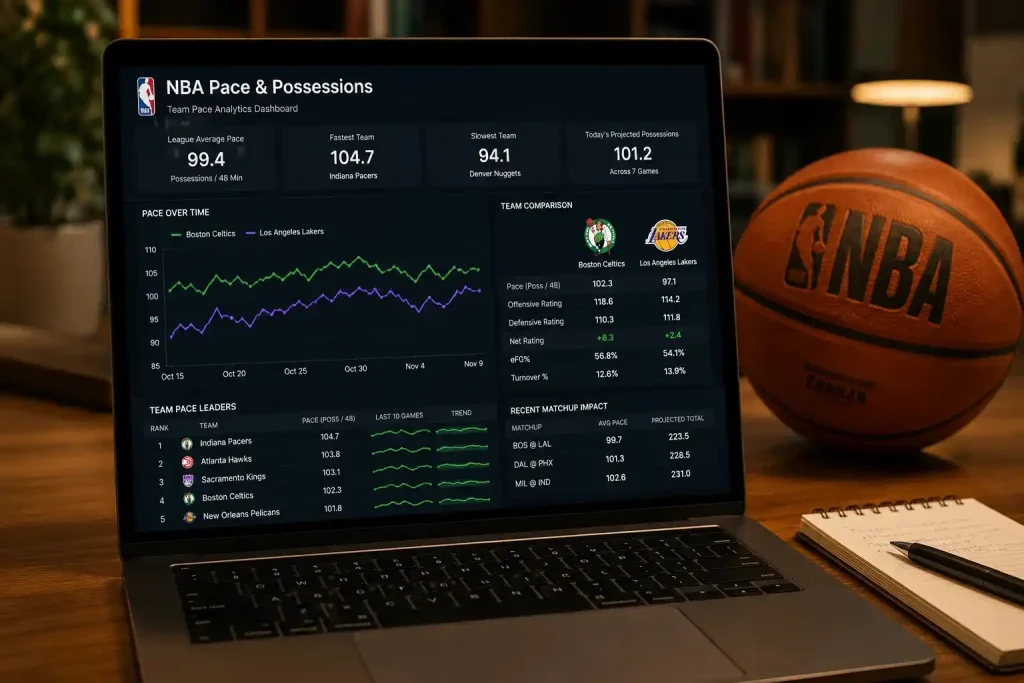 NBA pace and possessions chart with league average overlay on a betting analysis screen