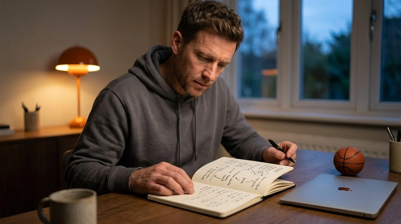 NBA betting analyst studying a paper notebook of pace and schedule notes under a desk lamp