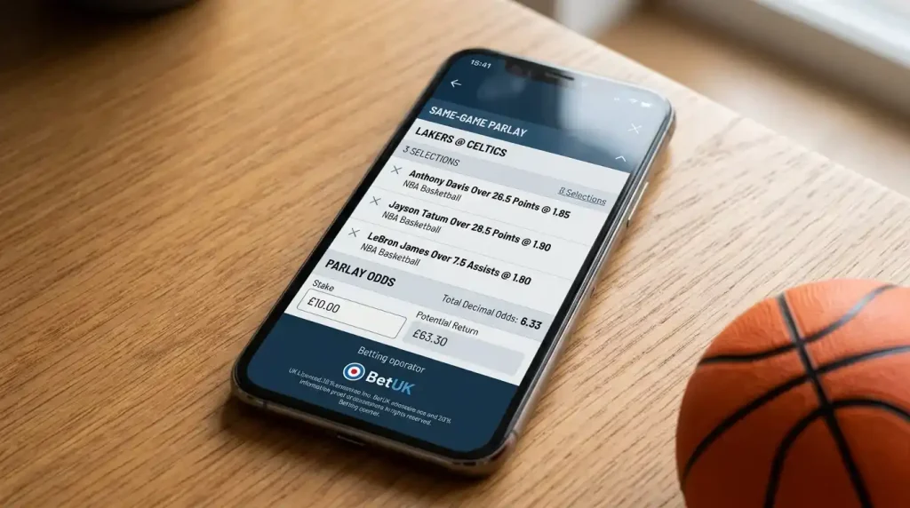 NBA same game parlay slip on a UK mobile bookmaker with multiple selections