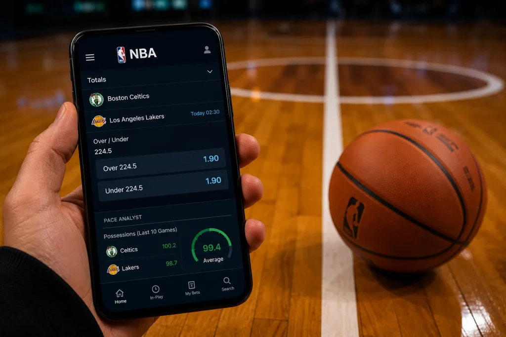 NBA over under totals market on a UK betting screen with pace data overlay