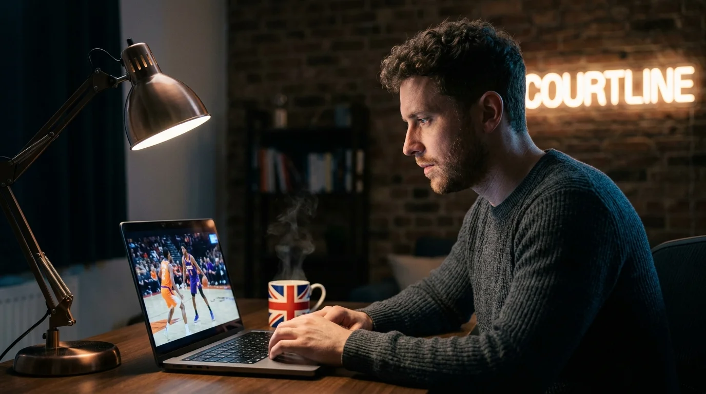 British NBA punter watching a late-night Los Angeles Lakers game on a laptop in a London flat