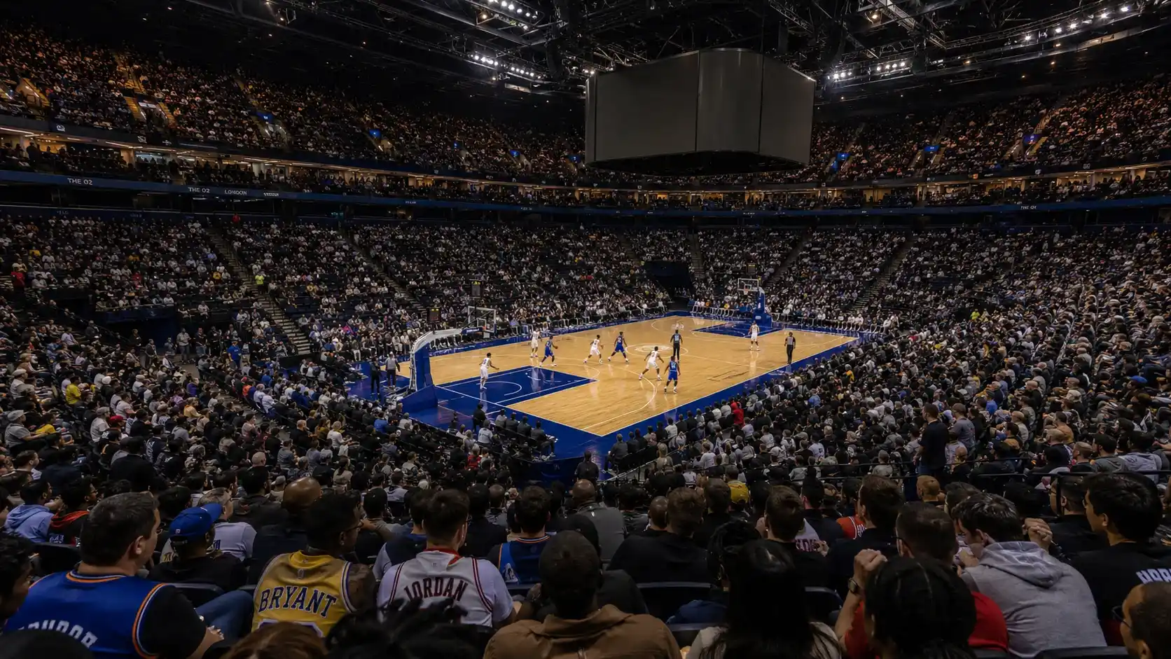 O2 Arena packed for an NBA London Game with British fans wearing team jerseys