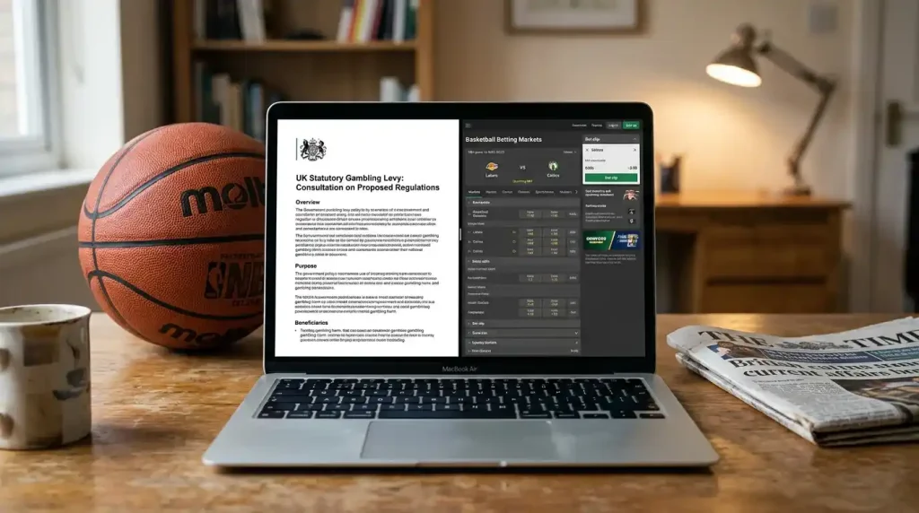 UK Treasury gambling levy structure with NBA betting market overlay